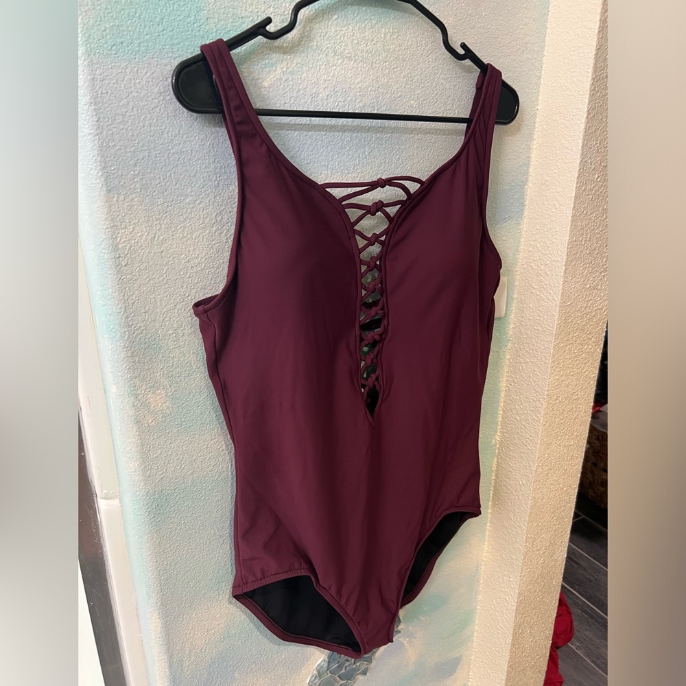 NWT Aqua Green Burgundy One Piece Bathing Suit - Picture 4 of 9